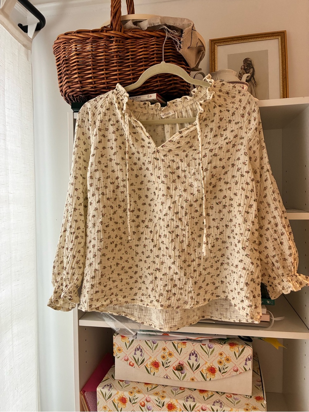 Neuflora Lightweight Cream Floral Peasant Blouse with Tie Neck